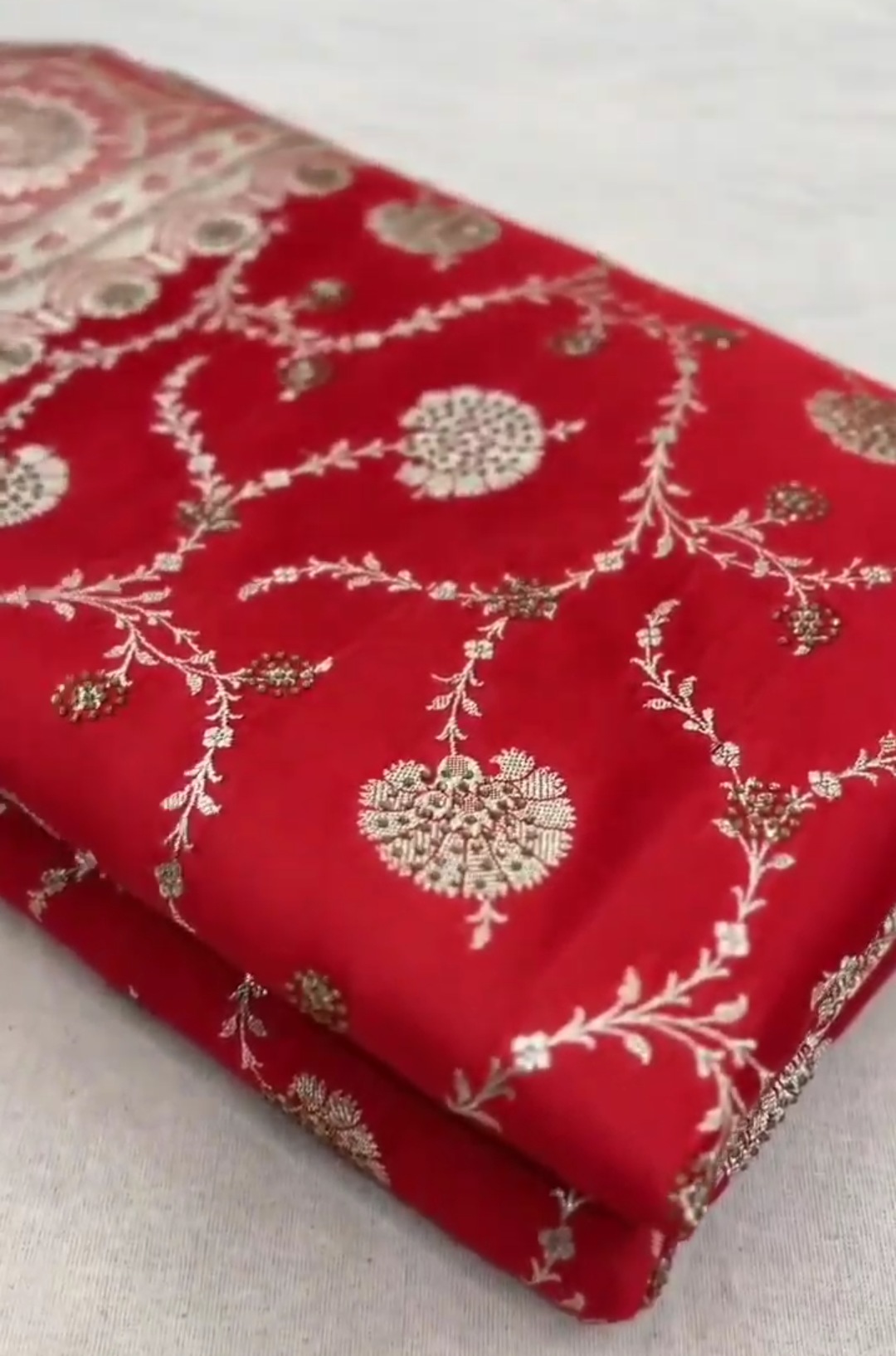 Red Banarasi Satin Katan Silk Swarovski Jangla Saree