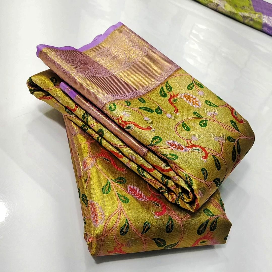 Gold Kanchipuram Handloom Tissue Brocade Meenakari Silk Saree
