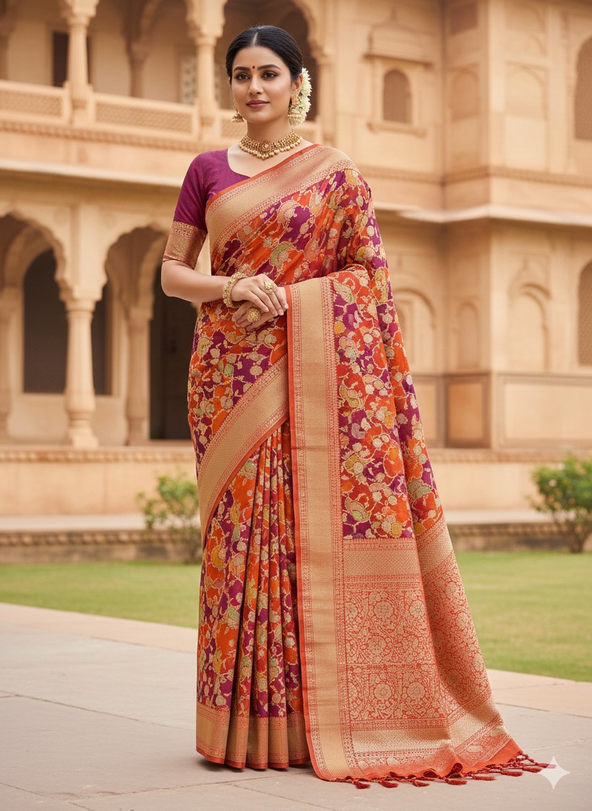 Chilly Red Banarasi Handloom Katan Silk Rangkaat Meenakari Saree