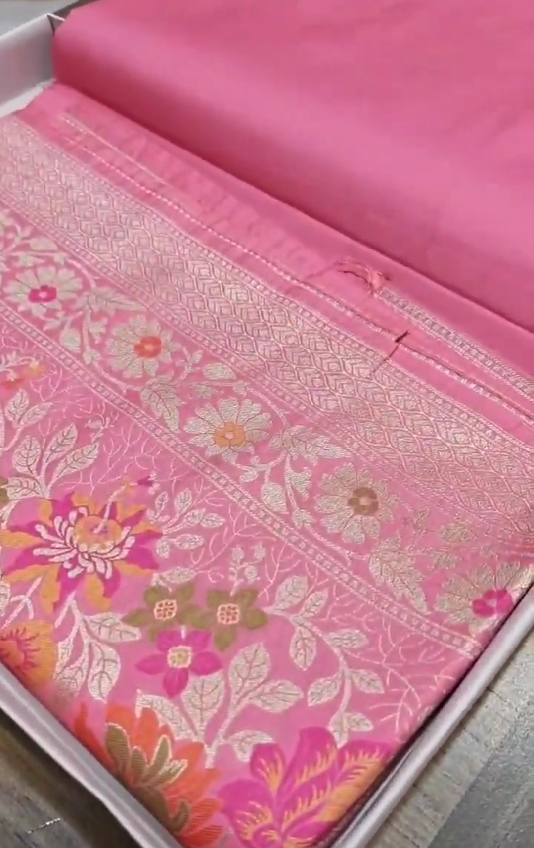 Peach Banarasi Semi Katan Silk Tilfi Meenakari Saree