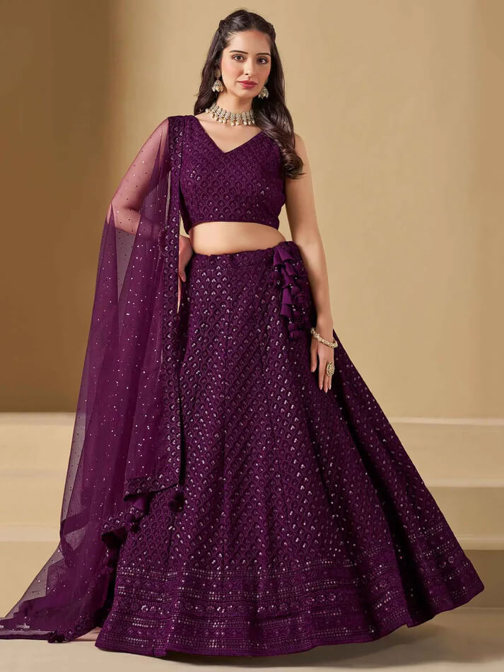 Wine Party Wear Lehenga with Sequins Embroidery