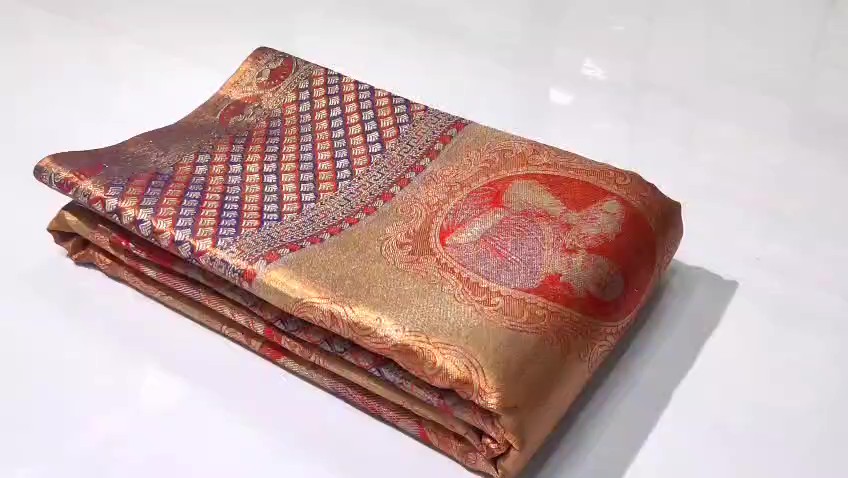 Coral Kanchipuram Handloom Tissue Brocade Meenakari Silk Saree