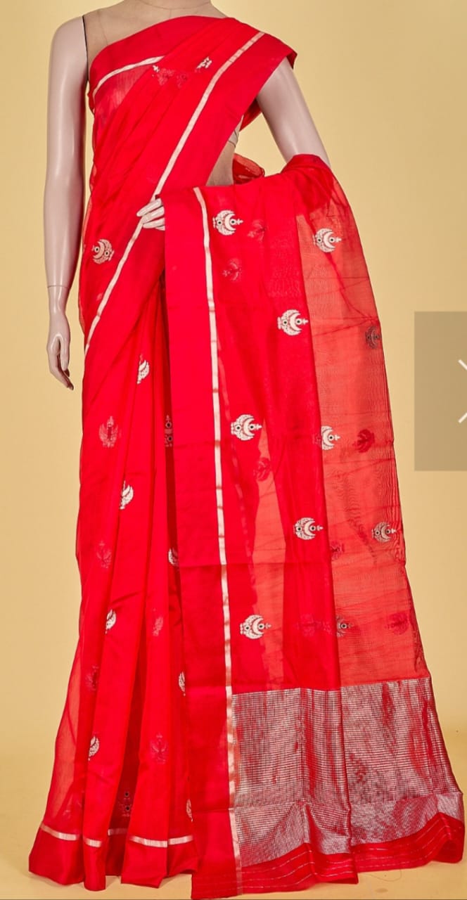 Red Chanderi Handloom Pattu Silk Eknal Buttas Saree