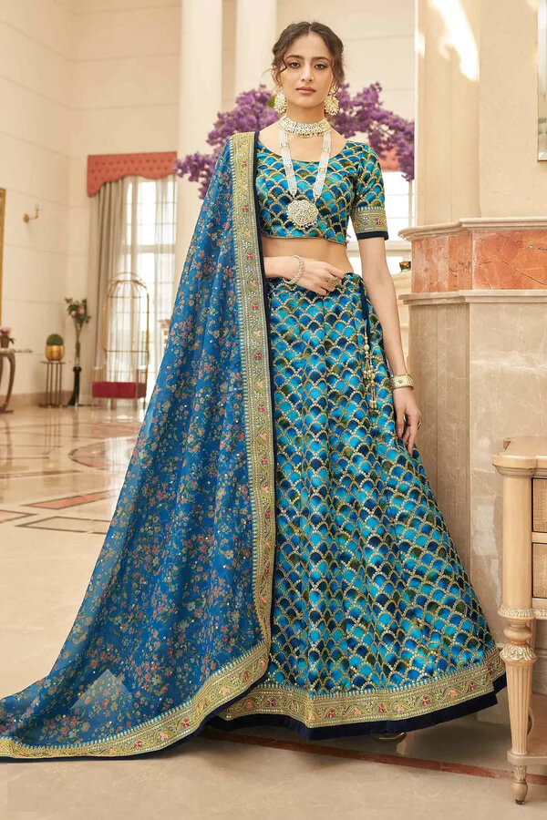Blue Art Silk Lehenga with Thread, Zari & Sequins Work
