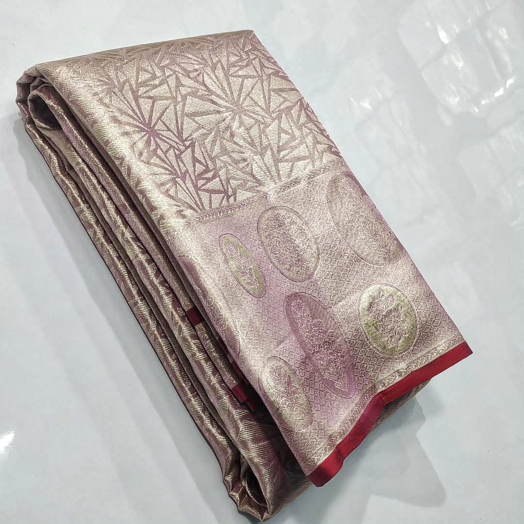Pinkish Beige Kanchipuram Handloom Tissue Brocade Silk Saree