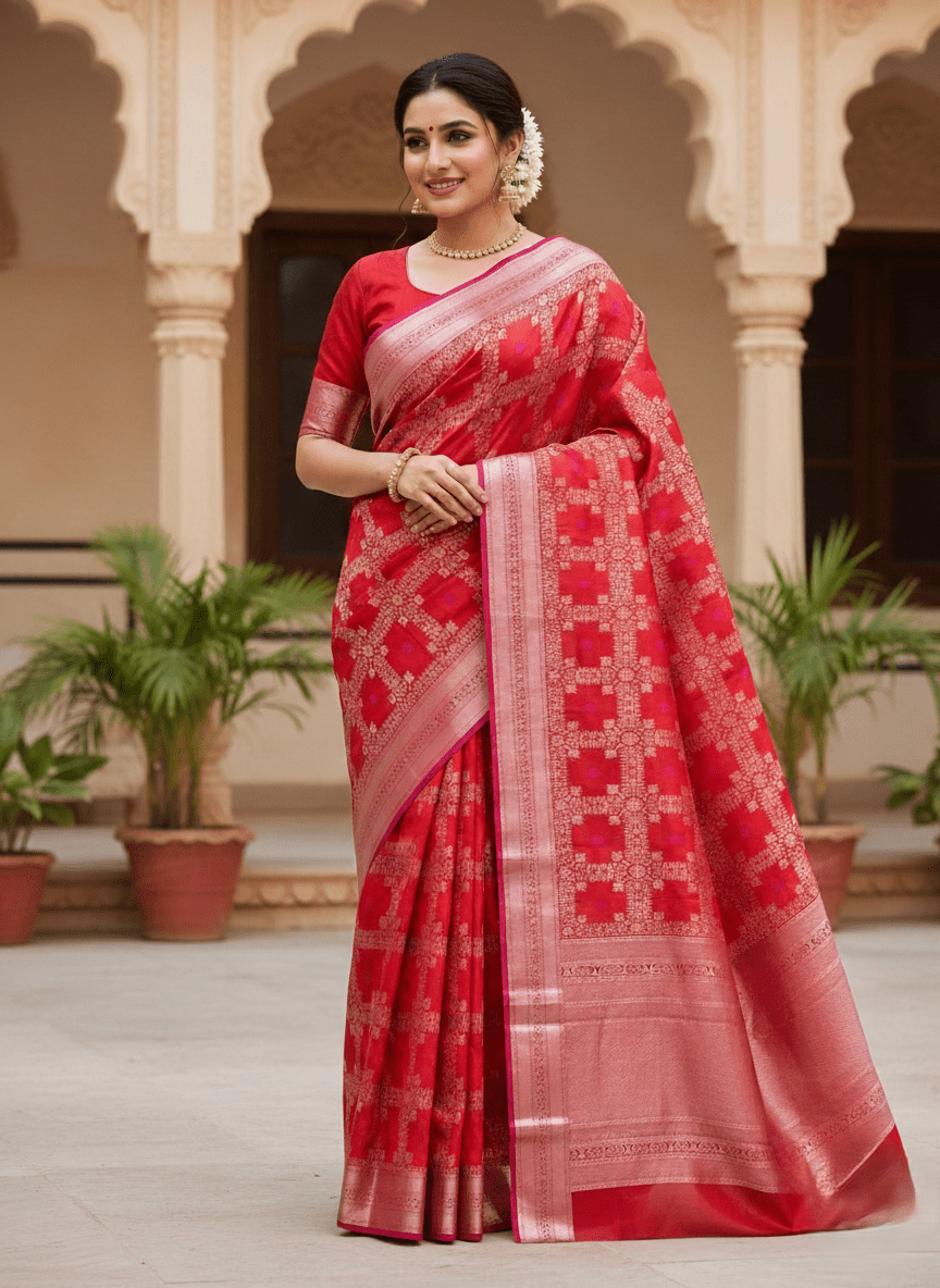 Rustic Red Chanderi Handloom Pattu Silk Meenakari Saree