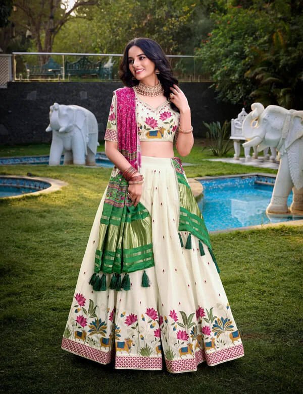 Ethnic Off White Lehenga Choli with Gaji Silk Hot Pink Dupatta