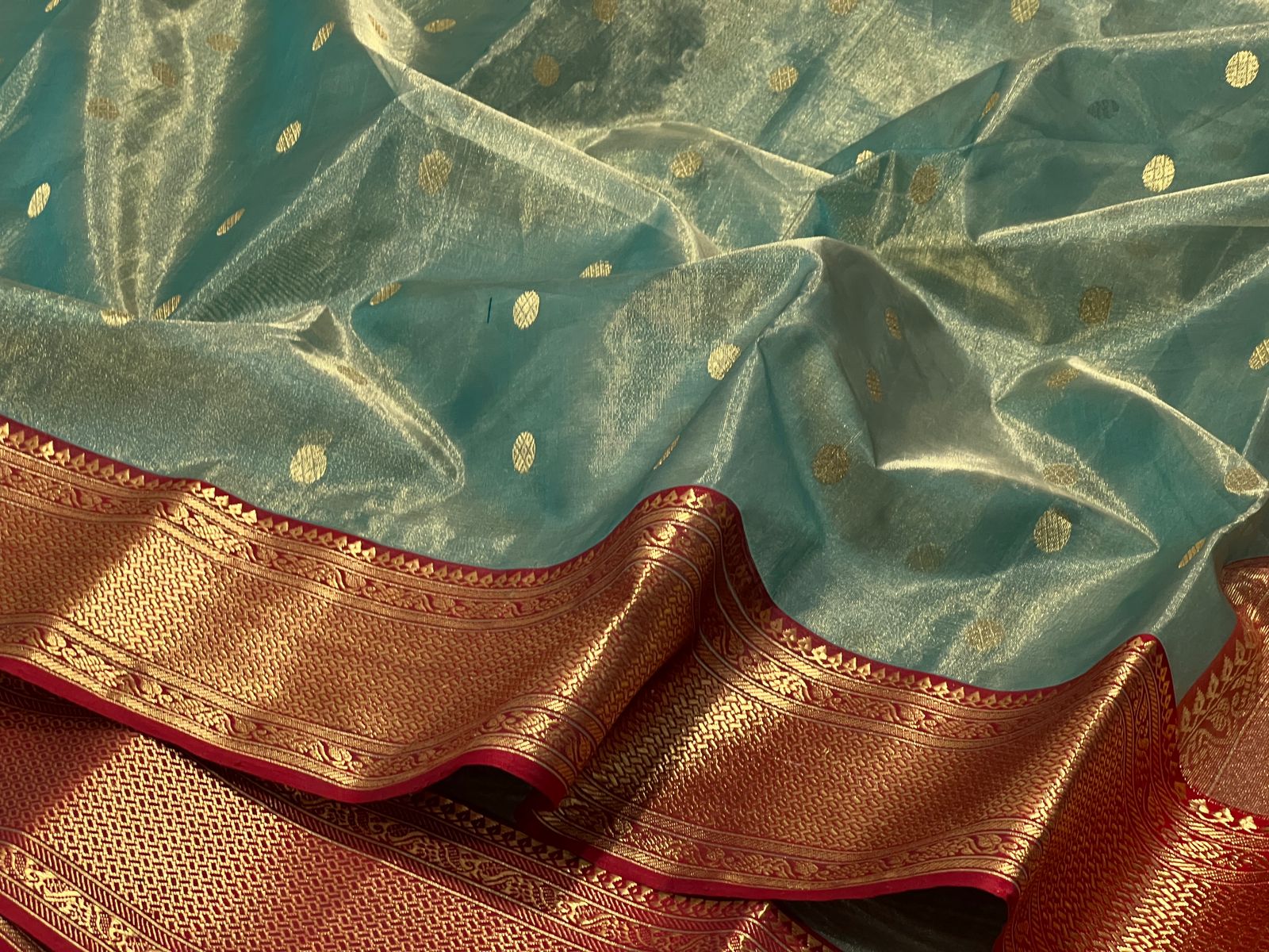 Dual Tone Sea Green Chanderi Handloom Katan Tissue Silk Saree