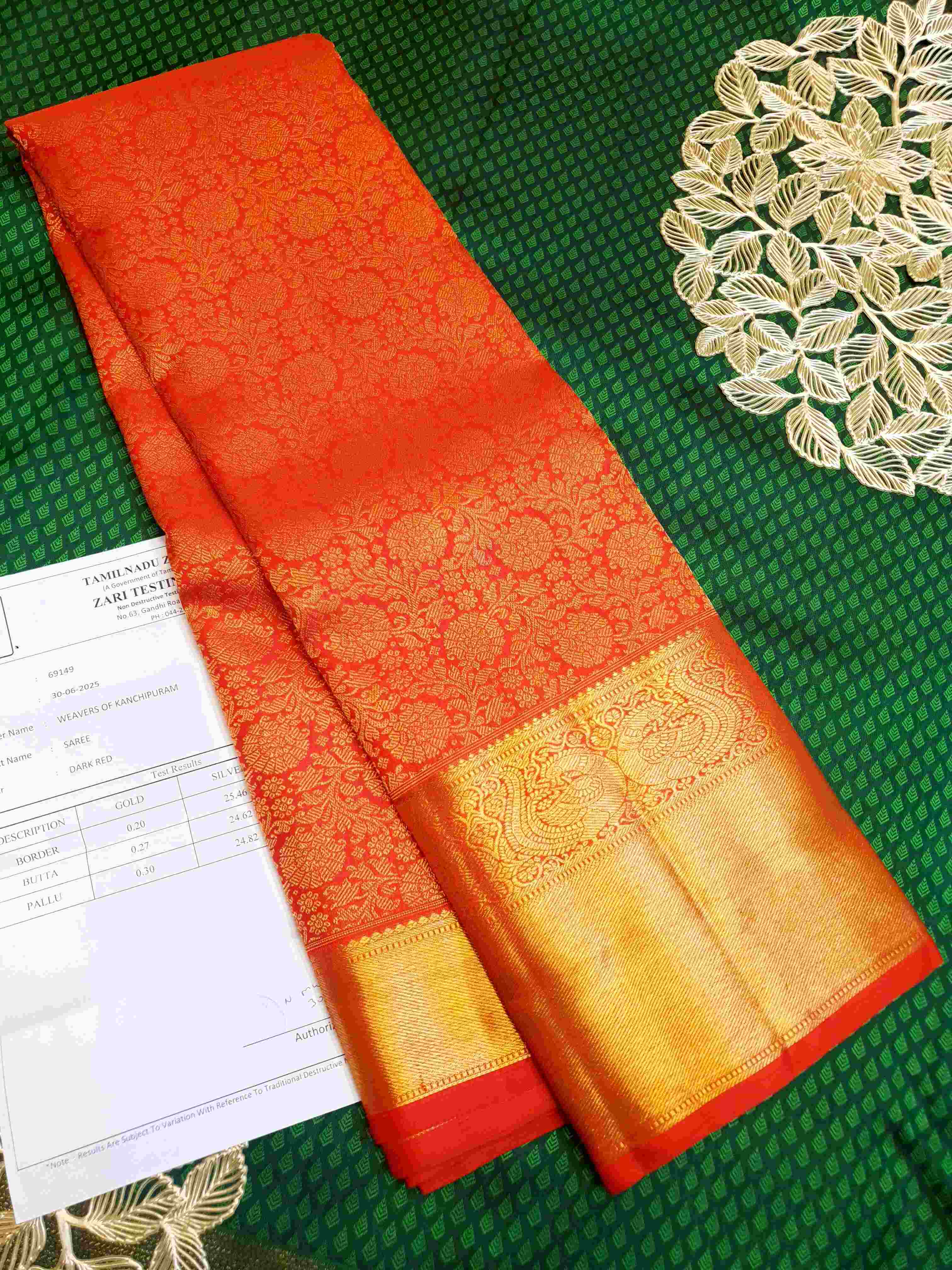 Orange Kanchipuram Handloom 4G Pure Gold Silk Saree