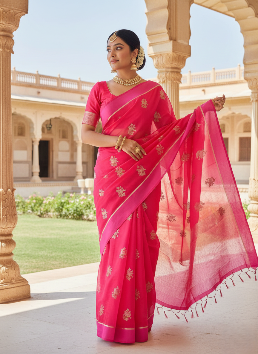 Red Chanderi Handloom Pattu Silk Eknal Buttas Saree